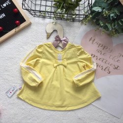 áo cotton dài tay ren ngực nơ 